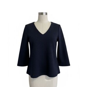 Ann‎ Taylor Weave Top Navy Blue V-Neck 3/4 Sleeve Size X-Small XS Polyester